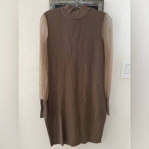 Brown knit mesh long sleeve bodycon sweater dress nwot